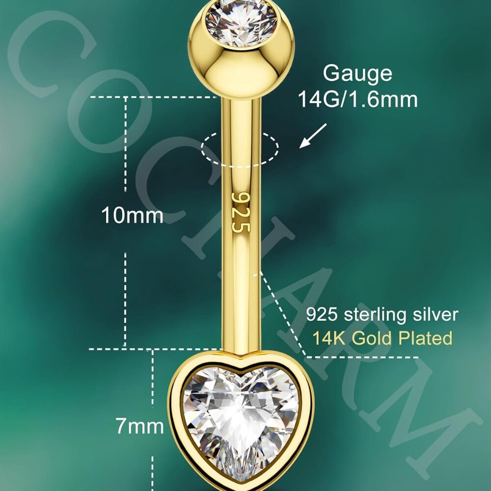 Sterling Silver Heart Belly Button Ring Gold Plat… - image 3